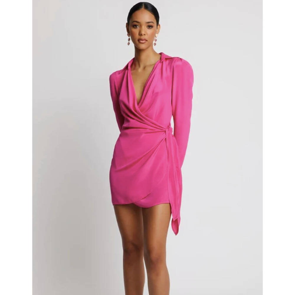 Sofia The Label NWT Dua Silk Wrap Dress Hot Pink Long Sleeve Mini